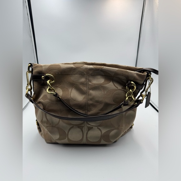 COACH Khaki Bronze Signature Sateen Brooke Shoulder Satchel Bag Hobo - Picture 1 of 9